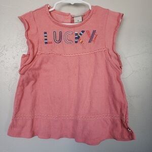 Lucky Brand Little Girl 5 Coral Pink Cap Sleeve Blouse Embroidered Logo Shirt